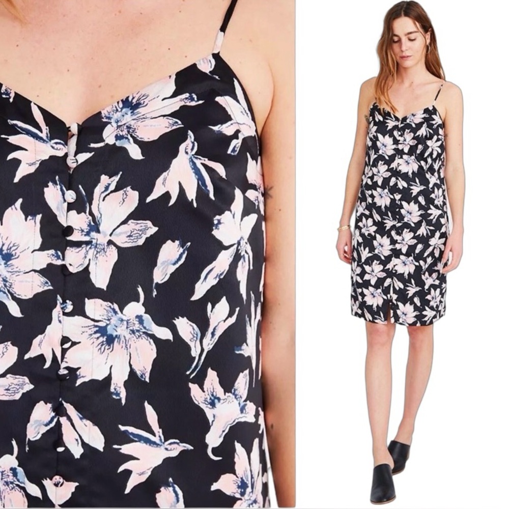 Madewell Floral Black & Pink Floral Button Front Shift Slip Cami Dress Size 2